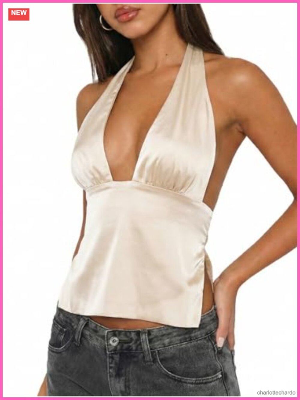 Satin Halter Top Deep V Neck Backless Tie Y2K Going Out Crop Top
